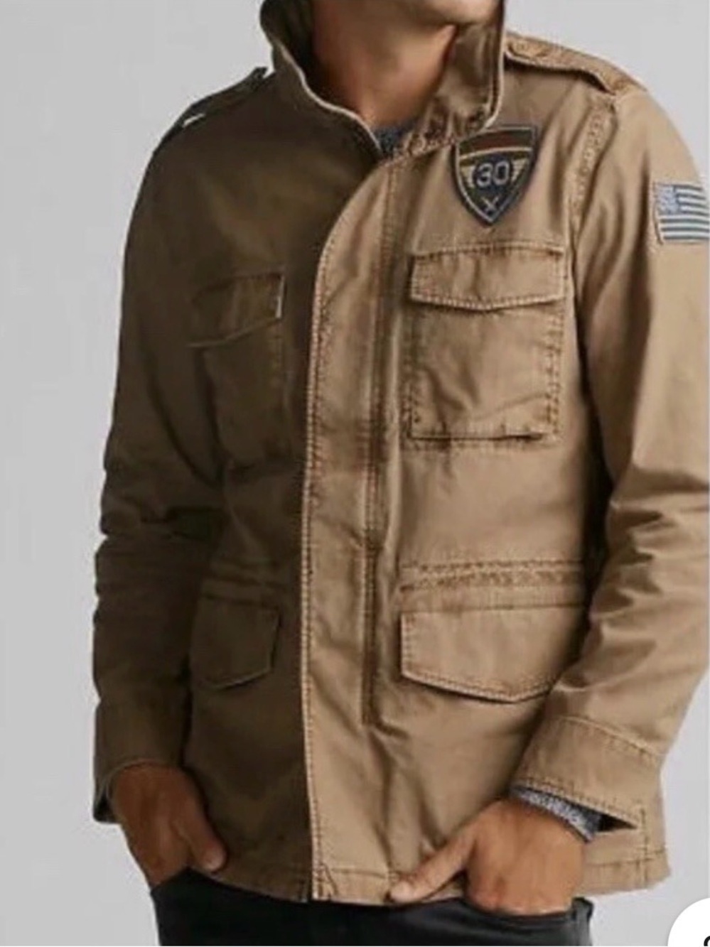 Express Men's Military Patch Utility Field Jacket Tan Cargo M-65 Style Size XS